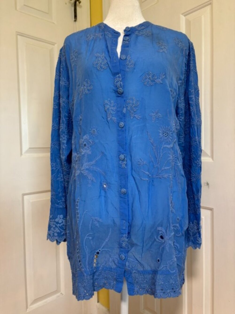 Johnny Was Deni Isobel Bright Blue Embroidered Button Long Sleeve Tunic Size XL